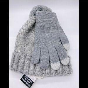 Grey Pompom Beanie & Gloves Lurex & Touch Glove for Smart Devices NWT